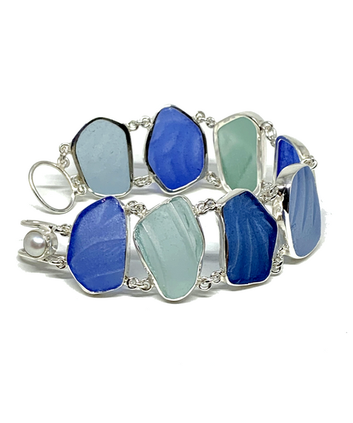 Shades of Textured Aqua & Blue Sea Glass Double Link Bracelet - 7 3/4