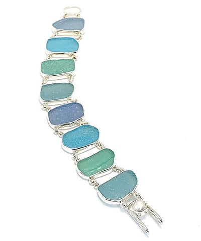 Light Green, Aqua and Blue Textured Sea Glass Double Link Bracelet - 7 1/2