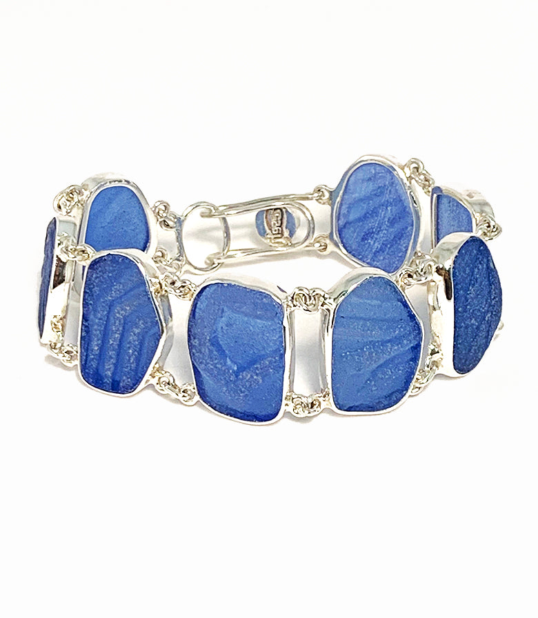Textured Blue Sea Glass Double Link Bracelet - 7 1/2