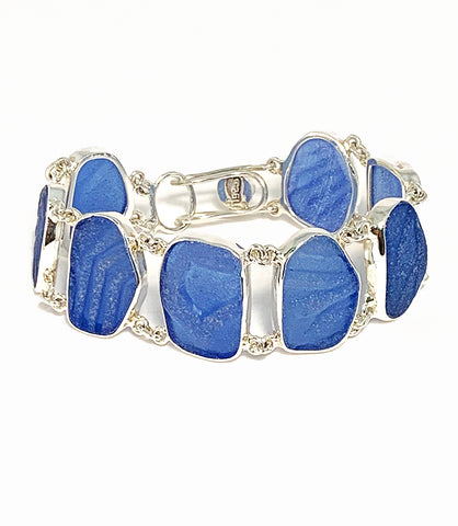 Textured Blue Sea Glass Double Link Bracelet - 7 1/2