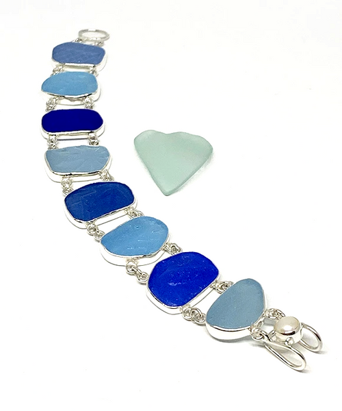Textured Turquoise, Aqua and Blue Sea Glass Double Link Bracelet - 8