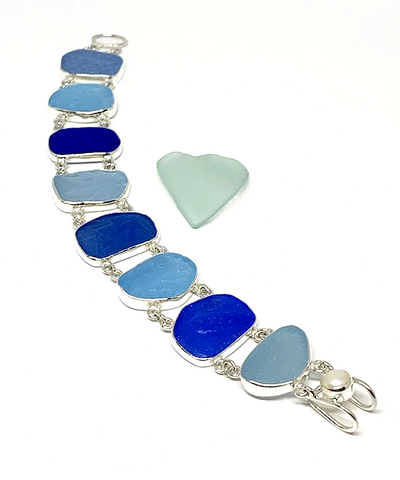 Textured Turquoise, Aqua and Blue Sea Glass Double Link Bracelet - 8
