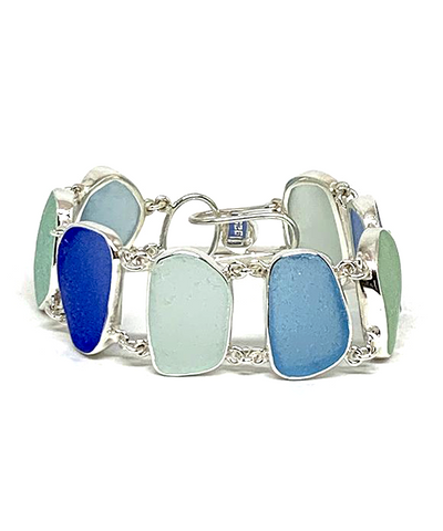 Coke Bottle Blue, Aqua and Blue Sea Glass Double Link Bracelet - 7 1/2