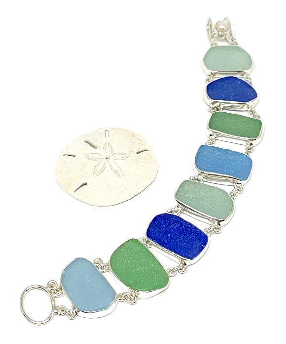 Aqua, Green and Blue Sea Glass Double Link Bracelet - 8