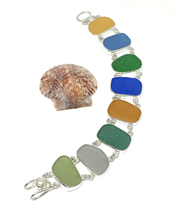 Blue with Earth Tone Sea Glass Double Link Bracelet - 8