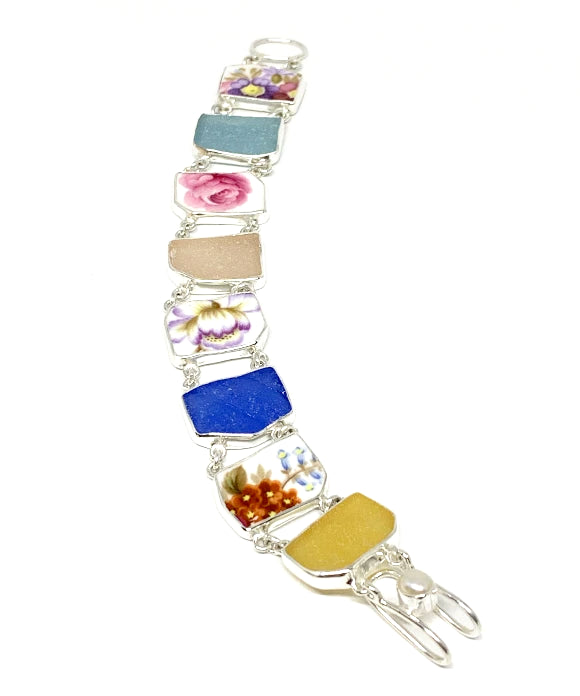 Floral Vintage Pottery with Pastel Sea Glass Double Link Bracelet - 8