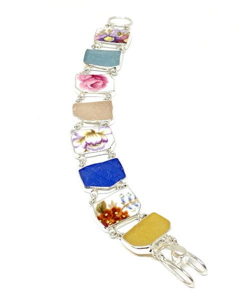 Floral Vintage Pottery with Pastel Sea Glass Double Link Bracelet - 8