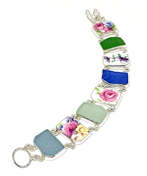 Floral Vintage Pottery with Blue and Green Sea Glass Double Link Bracelet - 8