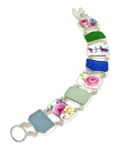 Floral Vintage Pottery with Blue and Green Sea Glass Double Link Bracelet - 8