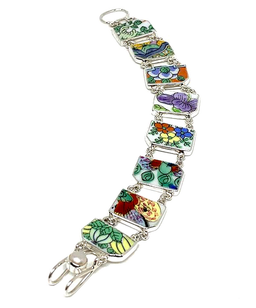 Bold Floral Vintage Pottery Double Link Shard Bracelet - 7 1/2