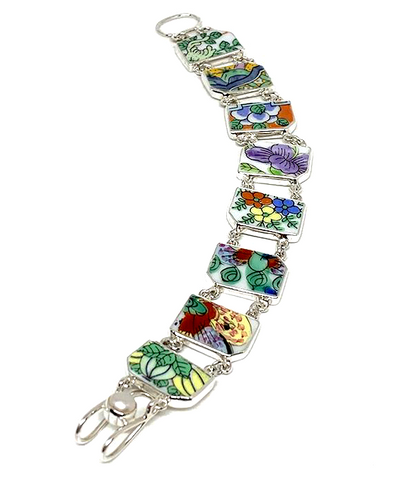 Bold Floral Vintage Pottery Double Link Shard Bracelet - 7 1/2