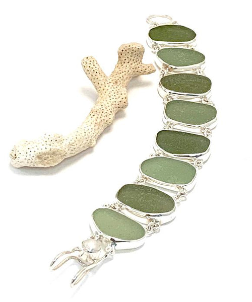 Shades of Olive Sea Glass Double Link Bracelet - 7 1/2