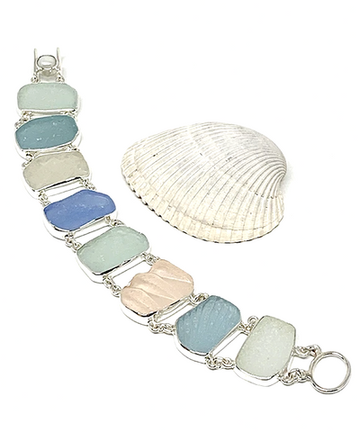Textured Pink, Aqua and Blue Sea Glass Double Link Bracelet - 8