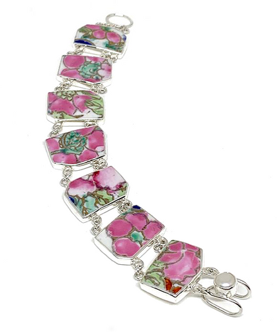 Bold Pink & Green with Gold Vintage Pottery Double Link Shard Bracelet - 7 1/2
