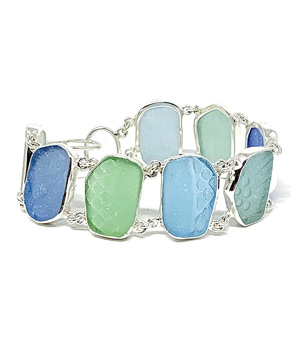 Textured Aqua, Green and Blue Sea Glass Double Link Bracelet - 7 3/4