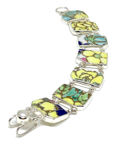 Bold Yellow & Turquoise with Gold Vintage Pottery Double Link Shard Bracelet - 7 1/2