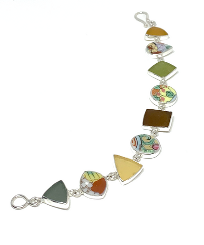 Bold Vintage Pottery & Earth Tone Sea Glass Multi Shape Bracelet - 7 1/2