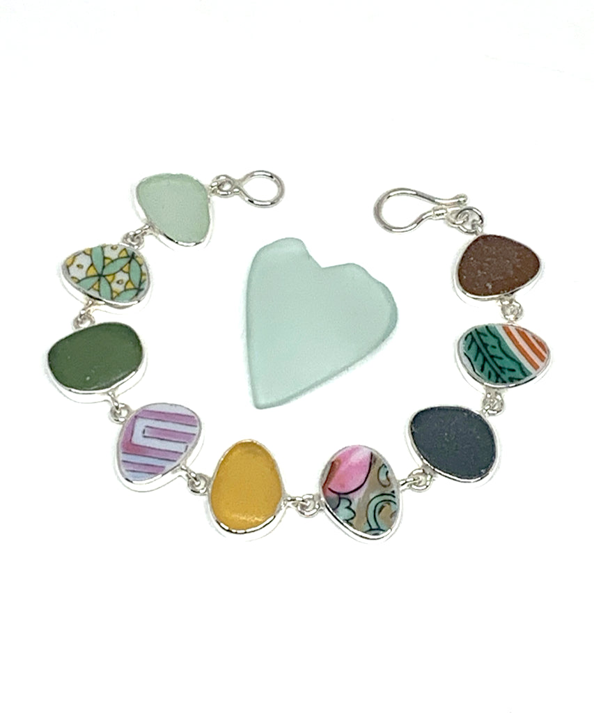 Bold Vintage Pottery & Earth Tone Sea Glass Natural Shape Bracelet - 7 1/2
