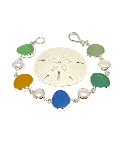 Earth Tone Sea Glass with Pearl Bracelet - 7 1/2
