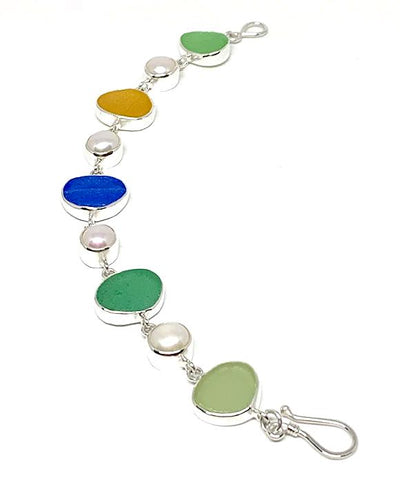 Earth Tone Sea Glass with Pearl Bracelet - 7 1/2