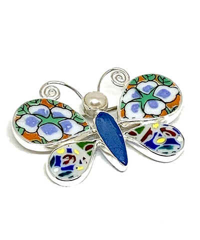 Butterfly Pin with Bold Vintage Pottery and Blue Sea Glass