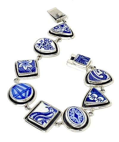 Blue & White Vintage Pottery Silver Framed Bracelet - 8