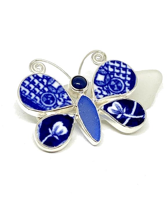 Butterfly Pin Blue Willow Vintage Pottery with Blue Sea Glass