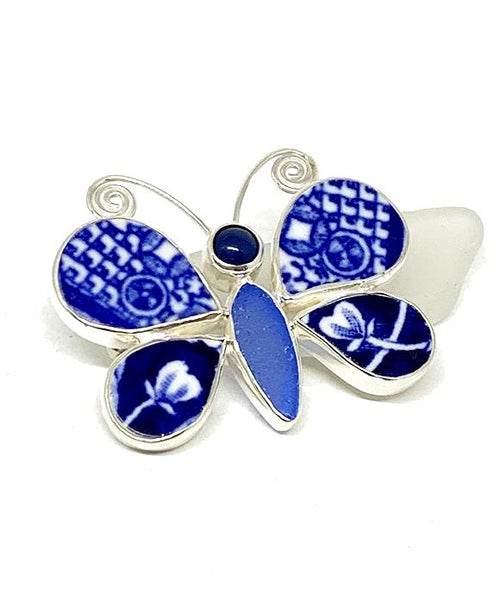 Butterfly Pin Blue Willow Vintage Pottery with Blue Sea Glass