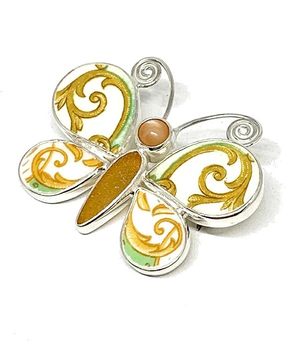 Butterfly Pin with Bold Green & Gold Vintage Pottery and Amber Sea Glass