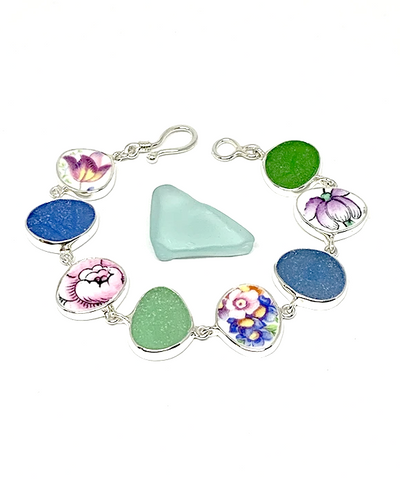 Floral Vintage Pottery with Green & Blue Sea Glass Natural Shape Bracelet - 7 1/2