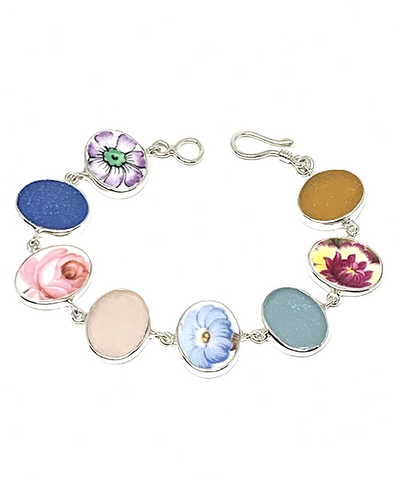Floral Vintage Pottery with Sea Glass Natural Shape Bracelet - 7 1/2