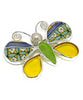 Butterfly Pin with Green Sea Glass, Yellow Stained Glass and Vintage Pottery
