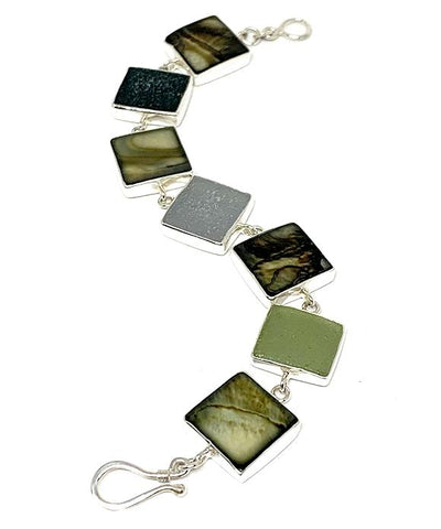 Olive & Grey Sea Glass with Dark Olive Mother of Pearl Square Shaped Bracelet - 7 1/2