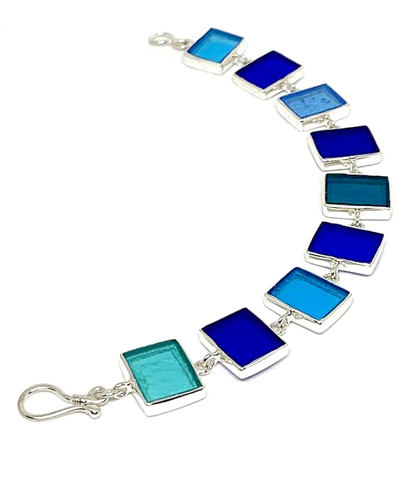 Blue, Teal & Aqua Stained Glass Rectangle Shaped Bracelet - 7 1/2
