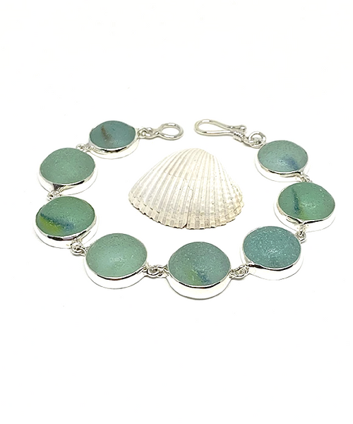 Shades of Aqua  with Color Stripes Sea Glass Marble Bracelet - 7 1/2