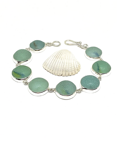 Shades of Aqua  with Color Stripes Sea Glass Marble Bracelet - 7 1/2