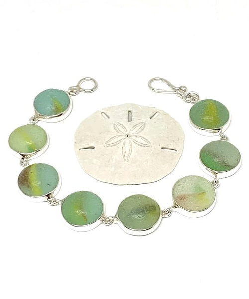 Shades of Greens Clear & Aqua with Color Stripes Sea Glass Marble Bracelet - 7 1/2
