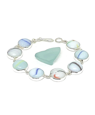 White Striped Sea Glass Marble Bracelet - 7 1/2