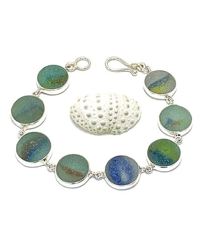 Blue with Colorful Stripes Sea Glass Marble Bracelet - 7 1/2