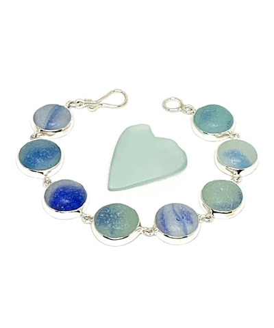 Blue & Aqua with Blue Swirl Sea Glass Marble Bracelet - 7 1/2