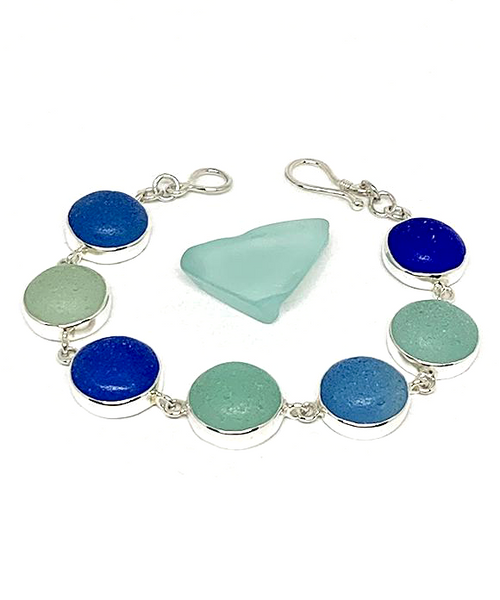 Shades of Blue & Aqua Sea Glass Marble Bracelet - 7 1/2