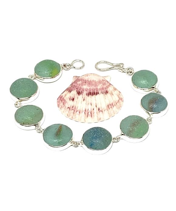 Shades of Greens & Aqua with Color Stripes Sea Glass Marble Bracelet - 7 1/2