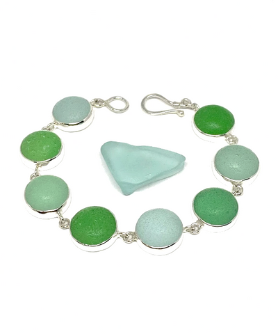Shades of Green & Aqua Sea Glass Marble Bracelet - 7 1/2