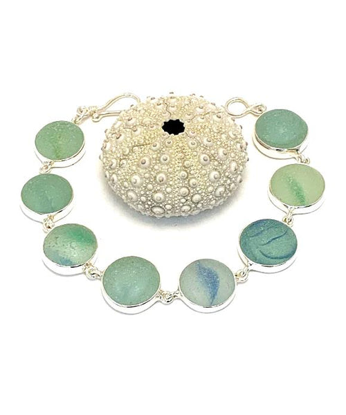 Blue and Green Sea Glass Marble Bracelet - 7 1/2