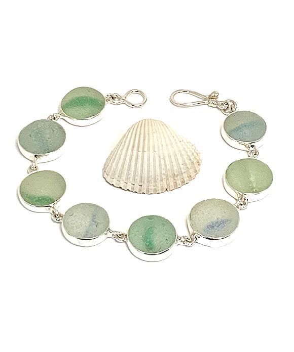 Light Green and Blue Stripe Sea Glass Marble Bracelet - 7 1/2