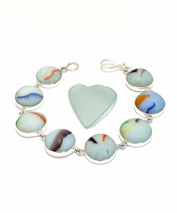White Abstract Rainbow Sea Glass Marble Bracelet - 7 1/2