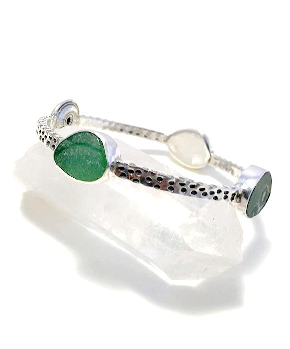 Swirl Shell with Aqua, Green & Yellow Sea Glass Heavy Bangle - Size Small