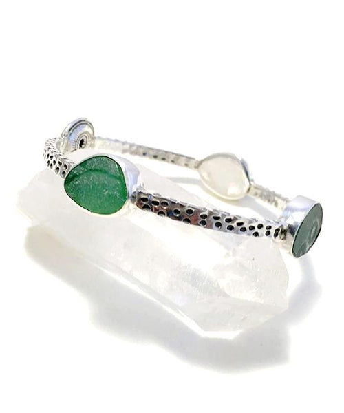 Swirl Shell with Aqua, Green & Yellow Sea Glass Heavy Bangle - Size Small