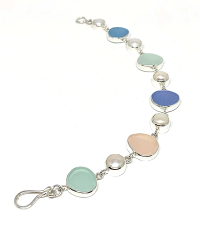 Pastel Sea Glass with Pearl Bracelet - 7 3/4
