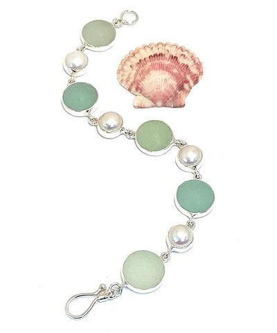 Pale Aqua, Green and Clear Sea Glass Marbles and Pearl Bracelet - 7 1/2